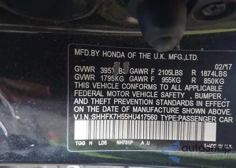 2017 Honda Civic Ex from USA, damaged, VIN SHHFK7H55HU417560